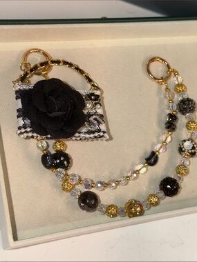 Black & Gold Camellia Beaded Bag Chain with Gold Tone Hardware